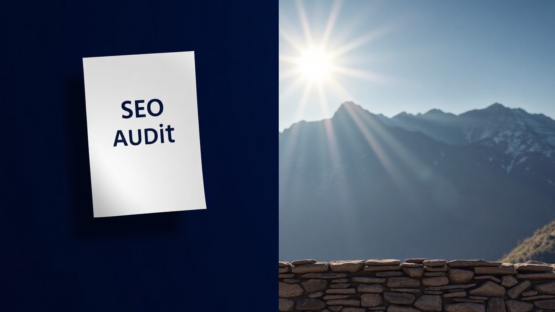 Vizualizacija SEO revizije: dokument s podatki nad indigo panelom in alpskim ozadjem